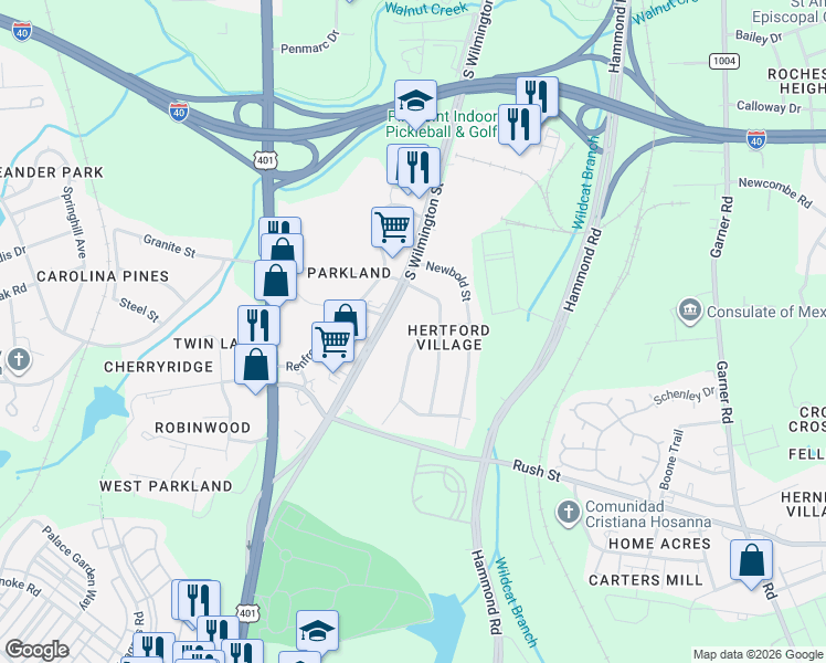 map of restaurants, bars, coffee shops, grocery stores, and more near 2720 Knowles Street in Raleigh