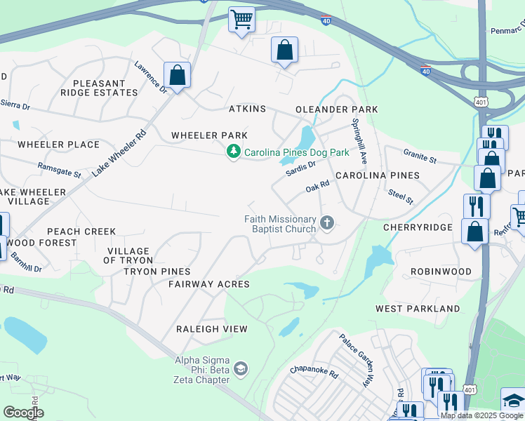 map of restaurants, bars, coffee shops, grocery stores, and more near 1113 Harper Road in Raleigh