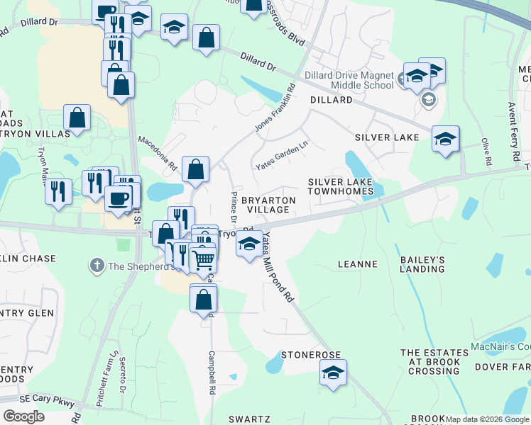 map of restaurants, bars, coffee shops, grocery stores, and more near in Wake County