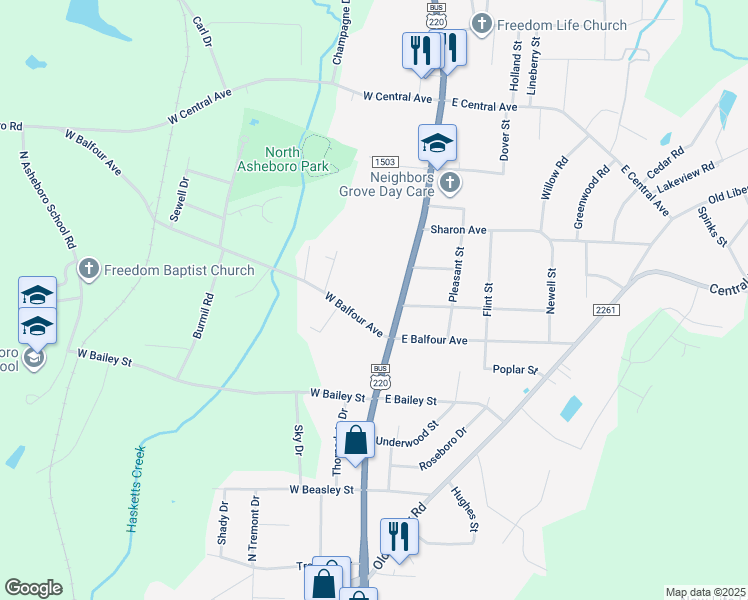 map of restaurants, bars, coffee shops, grocery stores, and more near 1747 North Fayetteville Street in Asheboro