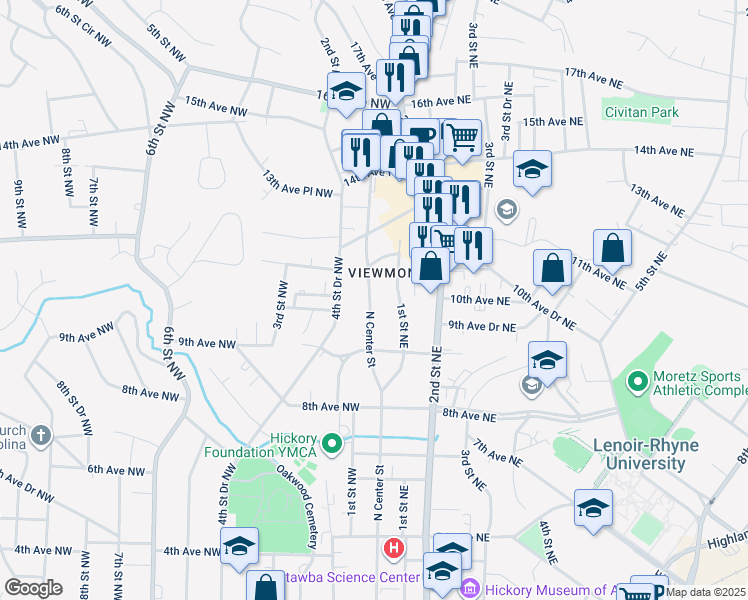 map of restaurants, bars, coffee shops, grocery stores, and more near 1022 North Center Street in Hickory