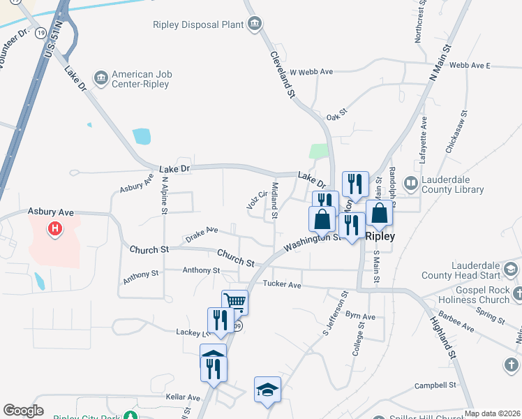 map of restaurants, bars, coffee shops, grocery stores, and more near 126 Midland Street in Ripley