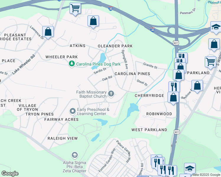 map of restaurants, bars, coffee shops, grocery stores, and more near 2827 Club Plaza Road in Raleigh
