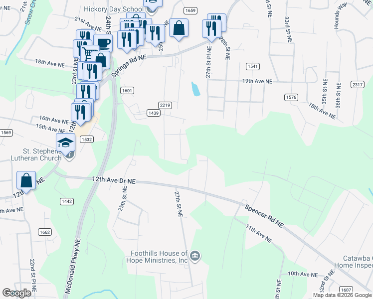 map of restaurants, bars, coffee shops, grocery stores, and more near 1618 26th Street Drive Northeast in Hickory