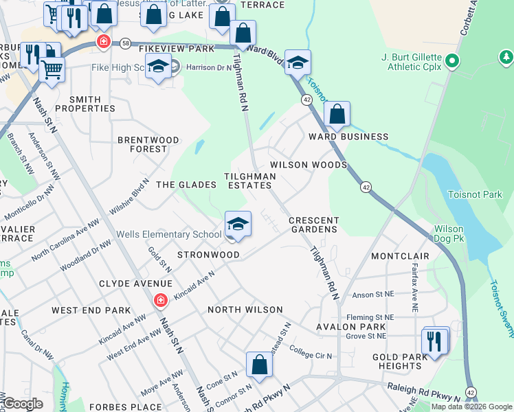 map of restaurants, bars, coffee shops, grocery stores, and more near 1611 Pecan Court North in Wilson