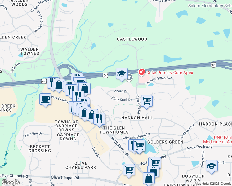 map of restaurants, bars, coffee shops, grocery stores, and more near 2102 Abby Knoll Drive in Apex