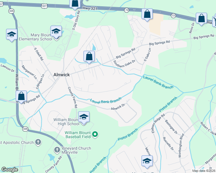 map of restaurants, bars, coffee shops, grocery stores, and more near 2058 Alnwick Boulevard in Maryville