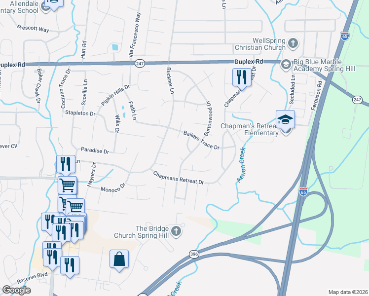 map of restaurants, bars, coffee shops, grocery stores, and more near 5004 Burtonwood Way in Spring Hill
