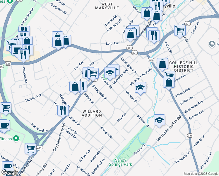 map of restaurants, bars, coffee shops, grocery stores, and more near 211 South Cedar Street in Maryville