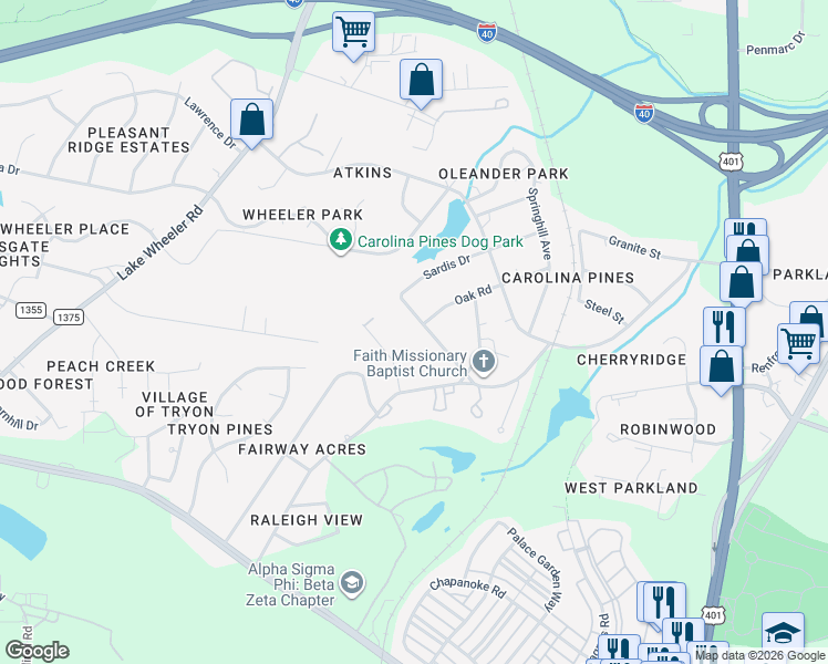 map of restaurants, bars, coffee shops, grocery stores, and more near 1101 Suffolk Boulevard in Raleigh