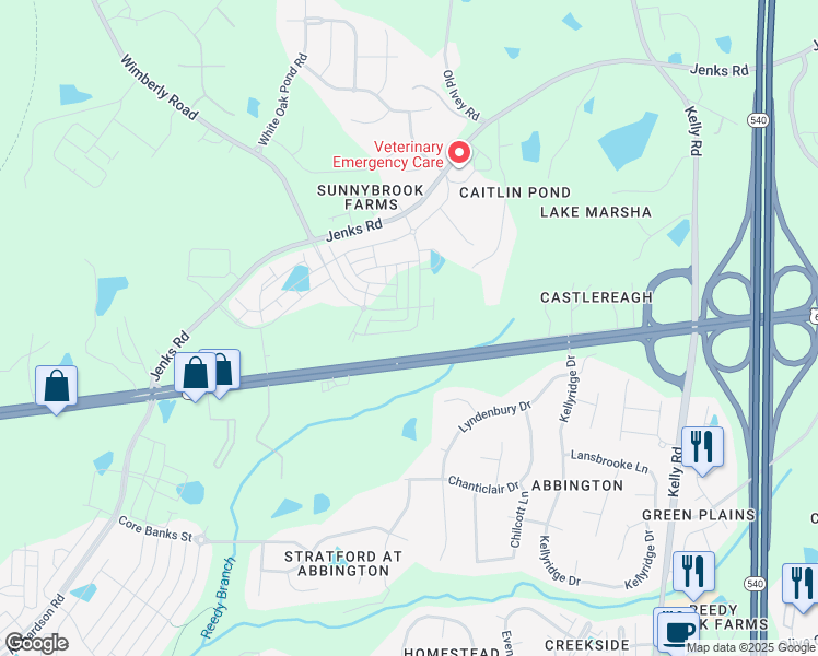 map of restaurants, bars, coffee shops, grocery stores, and more near 2520 Hutch Lane in Apex