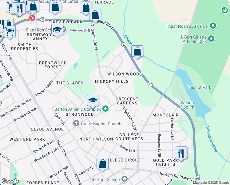 map of restaurants, bars, coffee shops, grocery stores, and more near 1600 Dartmore Drive North in Wilson
