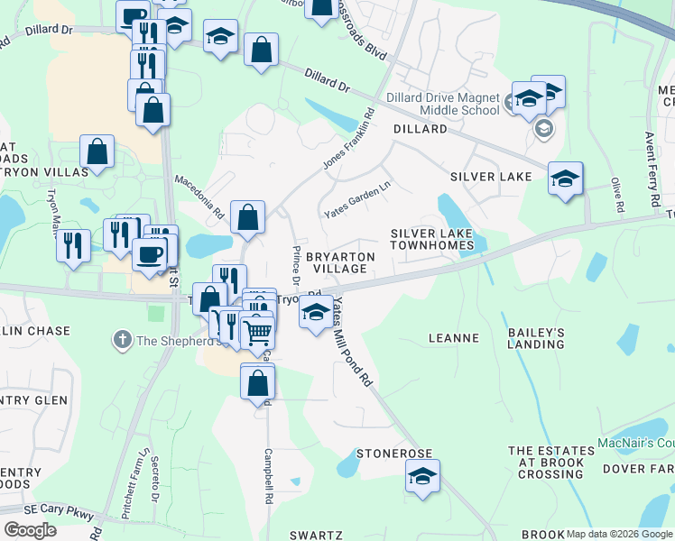 map of restaurants, bars, coffee shops, grocery stores, and more near in Wake County