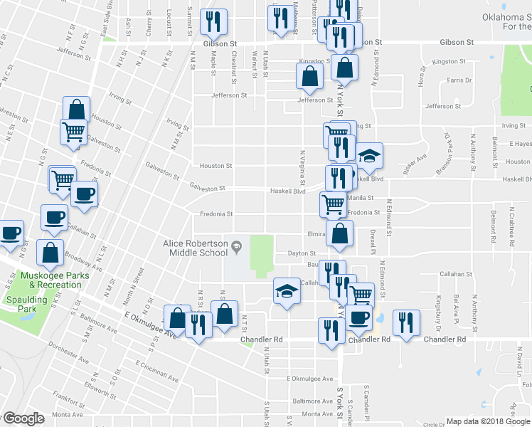 map of restaurants, bars, coffee shops, grocery stores, and more near 2100 Fredonia Street in Muskogee