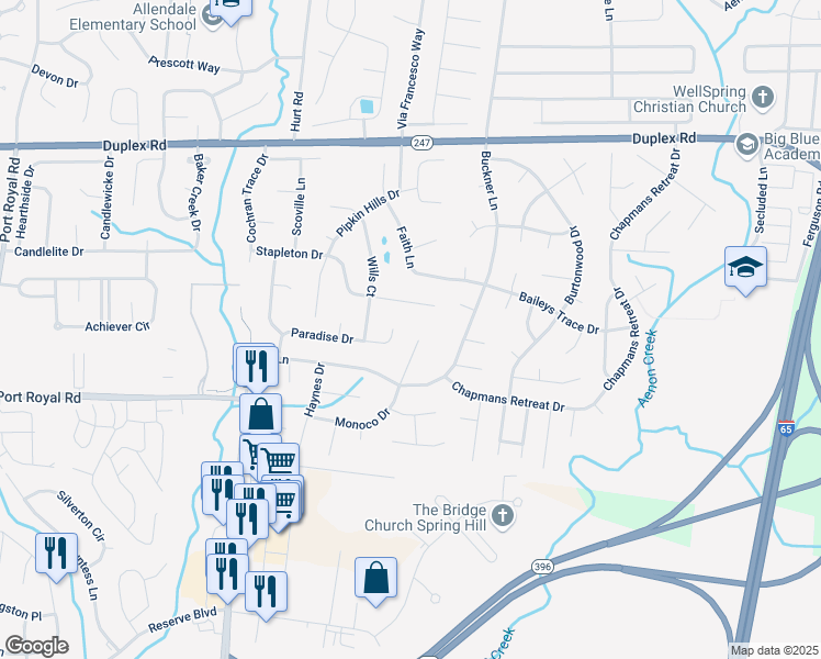 map of restaurants, bars, coffee shops, grocery stores, and more near 3338 Monoco Drive in Spring Hill