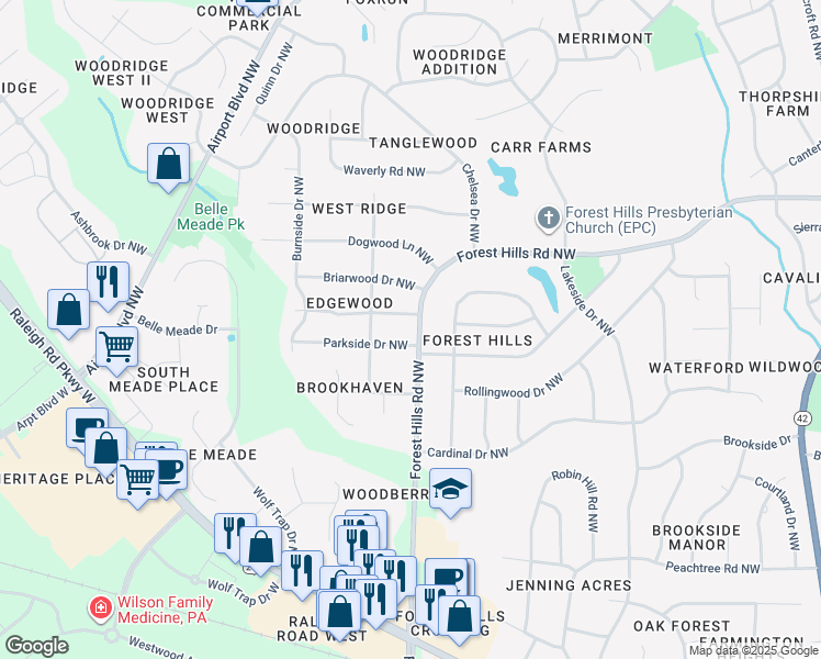 map of restaurants, bars, coffee shops, grocery stores, and more near 1501 Forest Hills Rd NW in Wilson