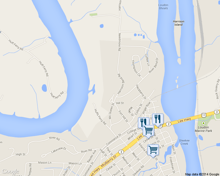 map of restaurants, bars, coffee shops, grocery stores, and more near 227 Harrison Bend Road in Loudon