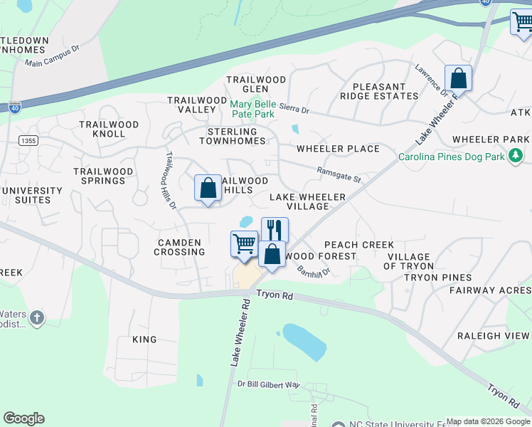 map of restaurants, bars, coffee shops, grocery stores, and more near 2418 Kirk Avenue in Raleigh