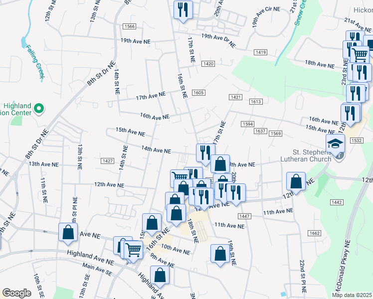 map of restaurants, bars, coffee shops, grocery stores, and more near 1536 14th Avenue Northeast in Hickory