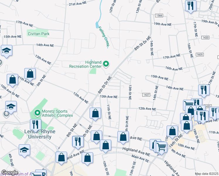 map of restaurants, bars, coffee shops, grocery stores, and more near 1102 13th Avenue Northeast in Hickory