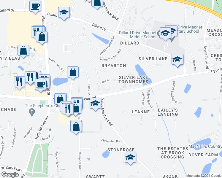 map of restaurants, bars, coffee shops, grocery stores, and more near 2541 Asher View Court in Raleigh