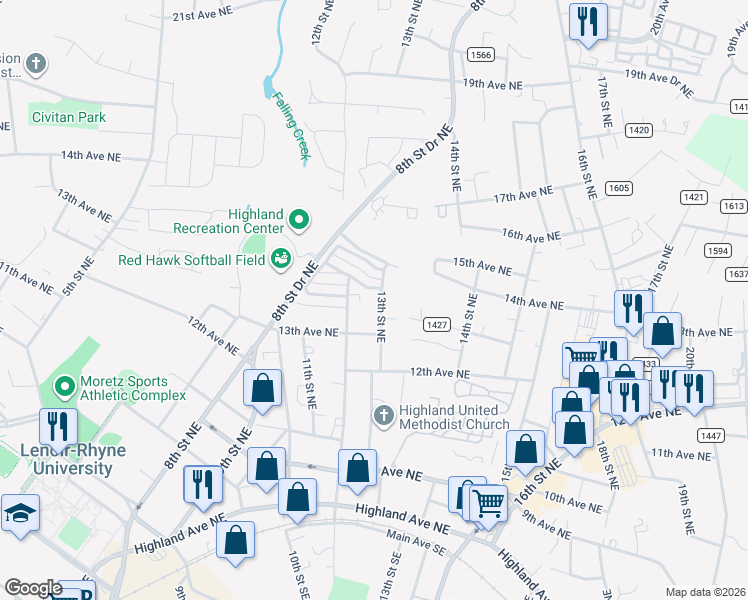 map of restaurants, bars, coffee shops, grocery stores, and more near 1316 12th Street Northeast in Hickory