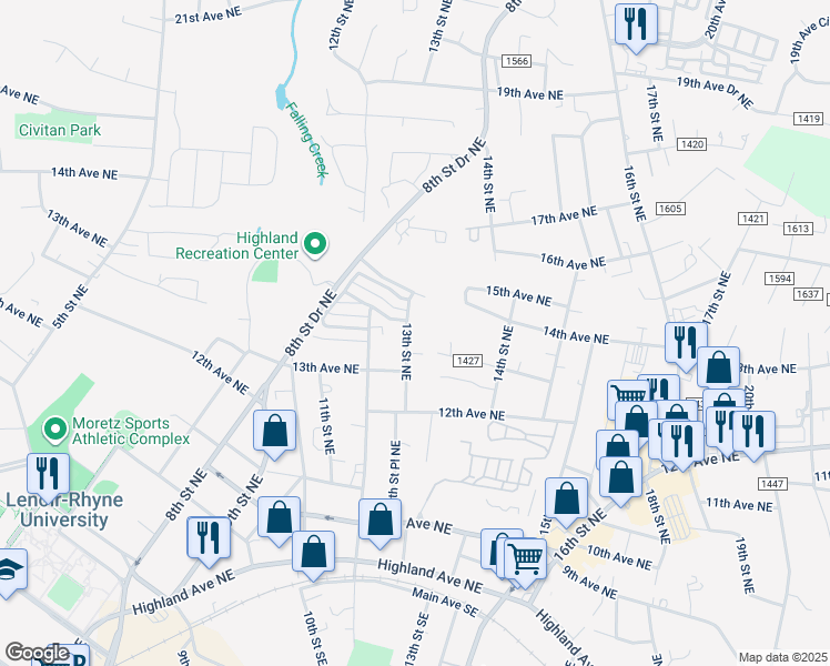 map of restaurants, bars, coffee shops, grocery stores, and more near 1340 13th Street Northeast in Hickory