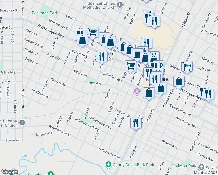 map of restaurants, bars, coffee shops, grocery stores, and more near 407 South 5th Street in Muskogee