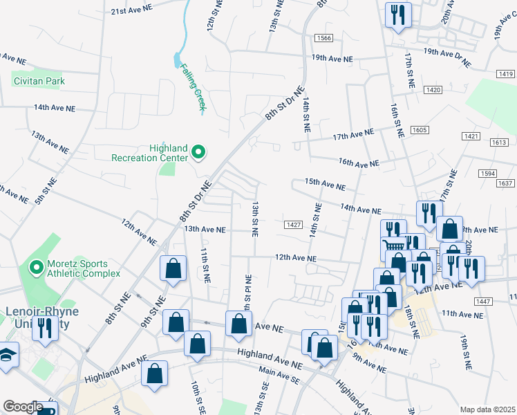 map of restaurants, bars, coffee shops, grocery stores, and more near 1340 13th Street Northeast in Hickory