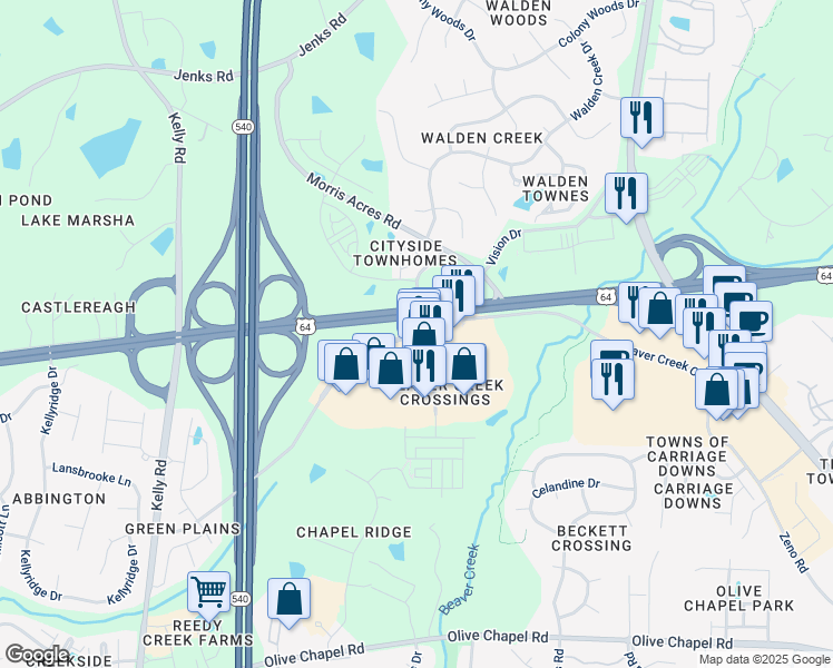 map of restaurants, bars, coffee shops, grocery stores, and more near Beaver Creek Commons Drive in Apex