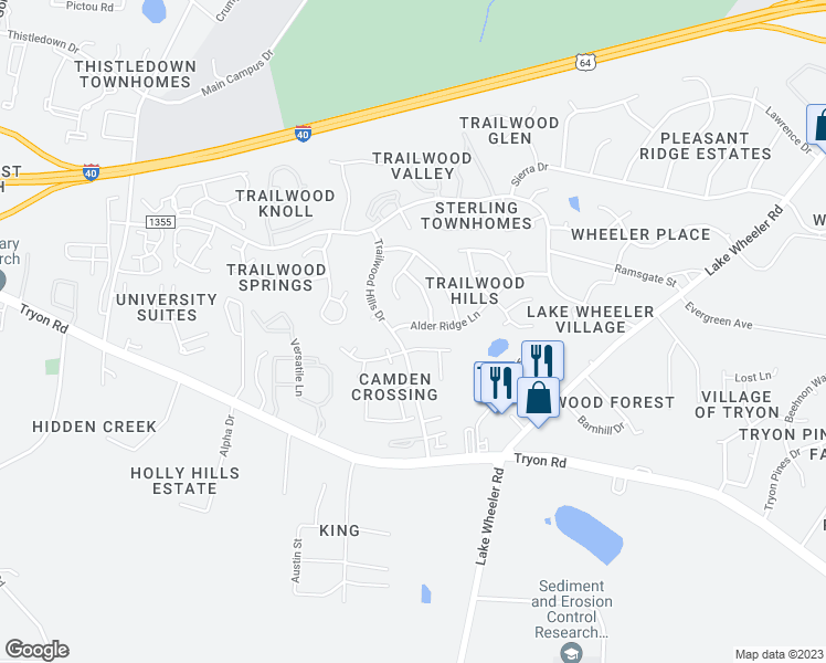 map of restaurants, bars, coffee shops, grocery stores, and more near 2509 Trailwood Hills Drive in Raleigh
