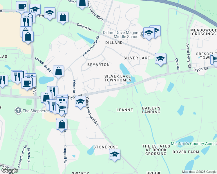 map of restaurants, bars, coffee shops, grocery stores, and more near 2457 Memory Ridge Drive in Raleigh