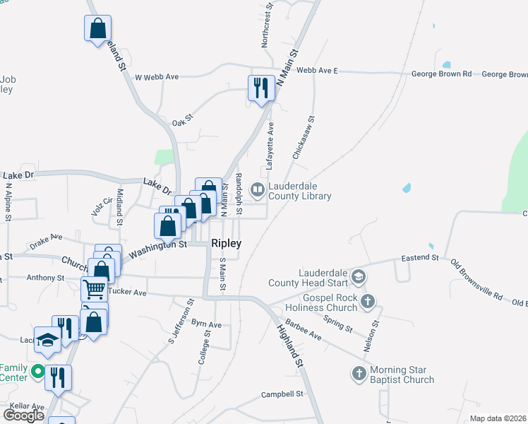 map of restaurants, bars, coffee shops, grocery stores, and more near 123 Lafayette Avenue in Ripley