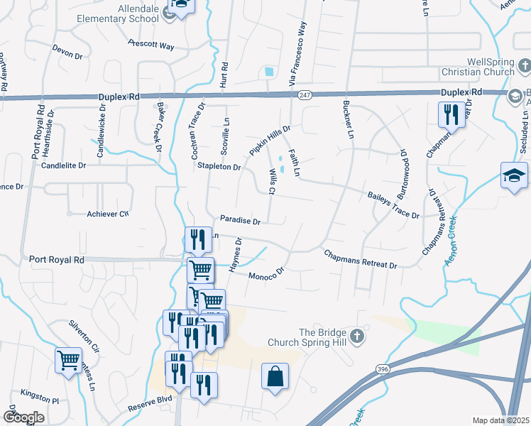 map of restaurants, bars, coffee shops, grocery stores, and more near 2923 Wills Court in Spring Hill