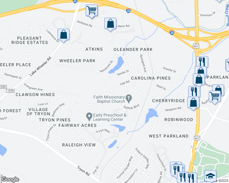 map of restaurants, bars, coffee shops, grocery stores, and more near 1040 Suffolk Boulevard in Raleigh