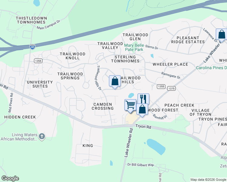 map of restaurants, bars, coffee shops, grocery stores, and more near 2632 Rainford Court in Raleigh