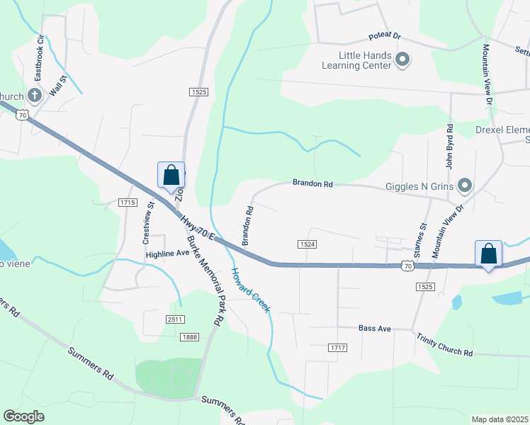 map of restaurants, bars, coffee shops, grocery stores, and more near 3096 Brandon Road in Morganton