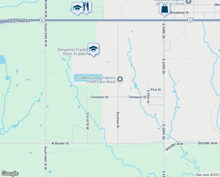 map of restaurants, bars, coffee shops, grocery stores, and more near 6014 Tennyson Street in Muskogee