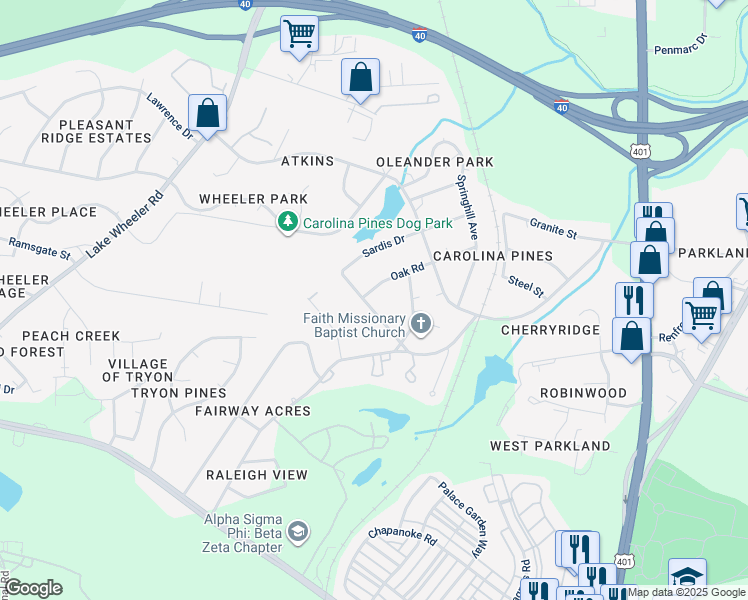 map of restaurants, bars, coffee shops, grocery stores, and more near 1040 Suffolk Boulevard in Raleigh