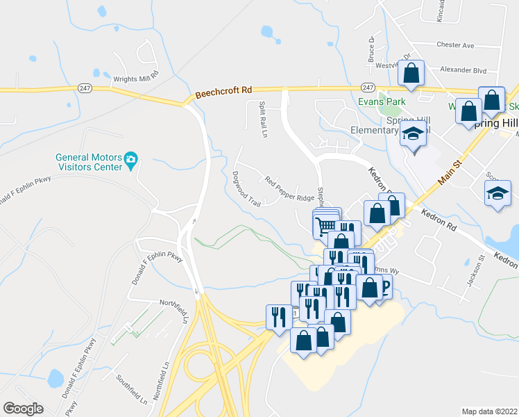 map of restaurants, bars, coffee shops, grocery stores, and more near 3015 Dogwood Trail in Spring Hill
