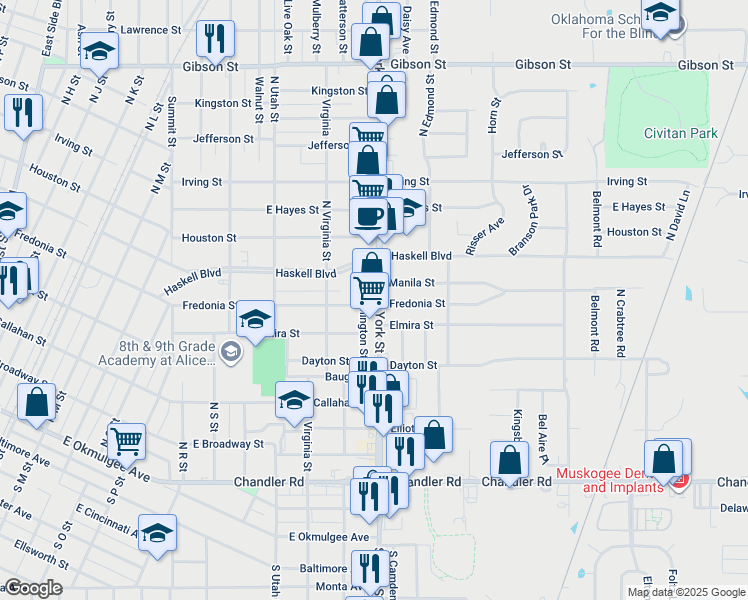 map of restaurants, bars, coffee shops, grocery stores, and more near 2313 Fredonia Street in Muskogee