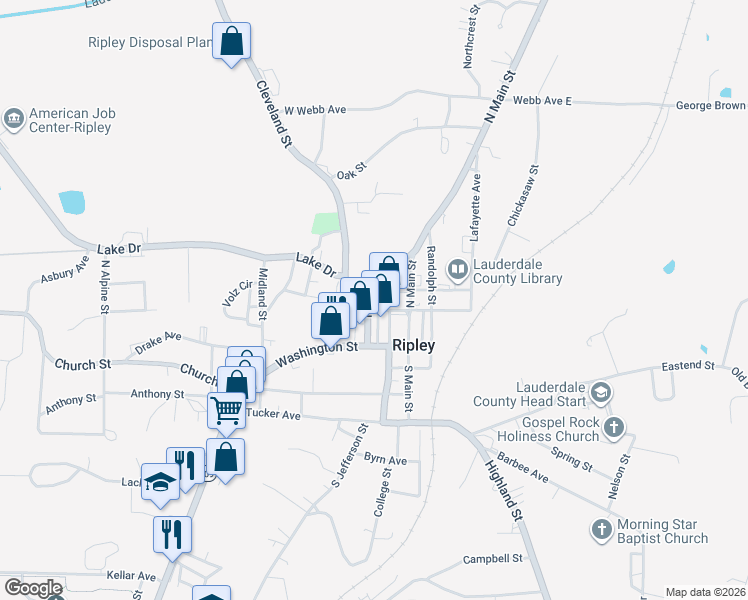 map of restaurants, bars, coffee shops, grocery stores, and more near 152 Monroe Street in Ripley