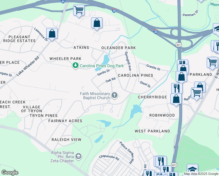 map of restaurants, bars, coffee shops, grocery stores, and more near 2820 Club Plaza Road in Raleigh