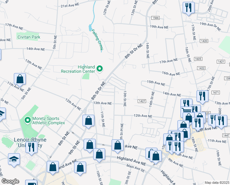 map of restaurants, bars, coffee shops, grocery stores, and more near 1338 12th Street Northeast in Hickory