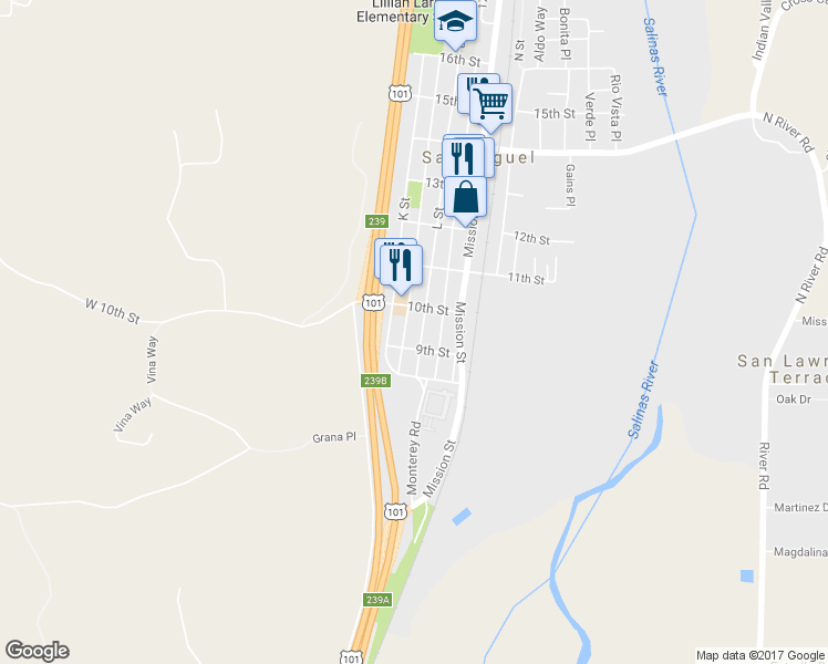 map of restaurants, bars, coffee shops, grocery stores, and more near 947 L Street in San Miguel