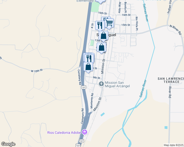 map of restaurants, bars, coffee shops, grocery stores, and more near 947 L Street in San Miguel