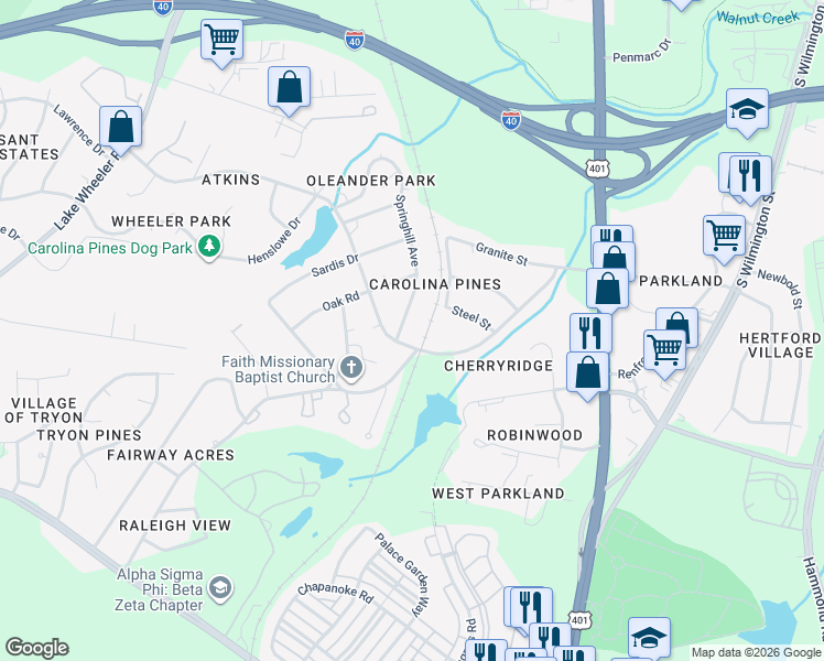 map of restaurants, bars, coffee shops, grocery stores, and more near 905 Carolina Pines Avenue in Raleigh