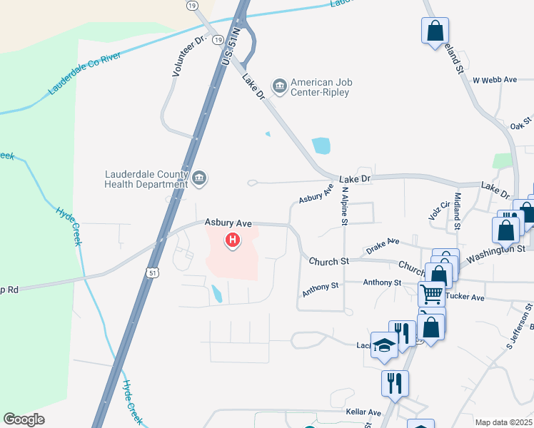 map of restaurants, bars, coffee shops, grocery stores, and more near 315 Asbury Avenue in Ripley
