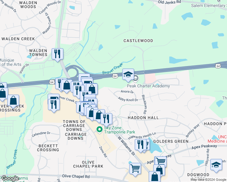 map of restaurants, bars, coffee shops, grocery stores, and more near 1232 Anora Drive in Apex