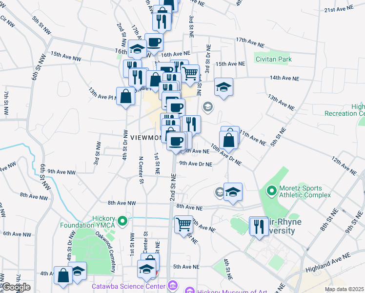 map of restaurants, bars, coffee shops, grocery stores, and more near 1008 2nd Street Northeast in Hickory